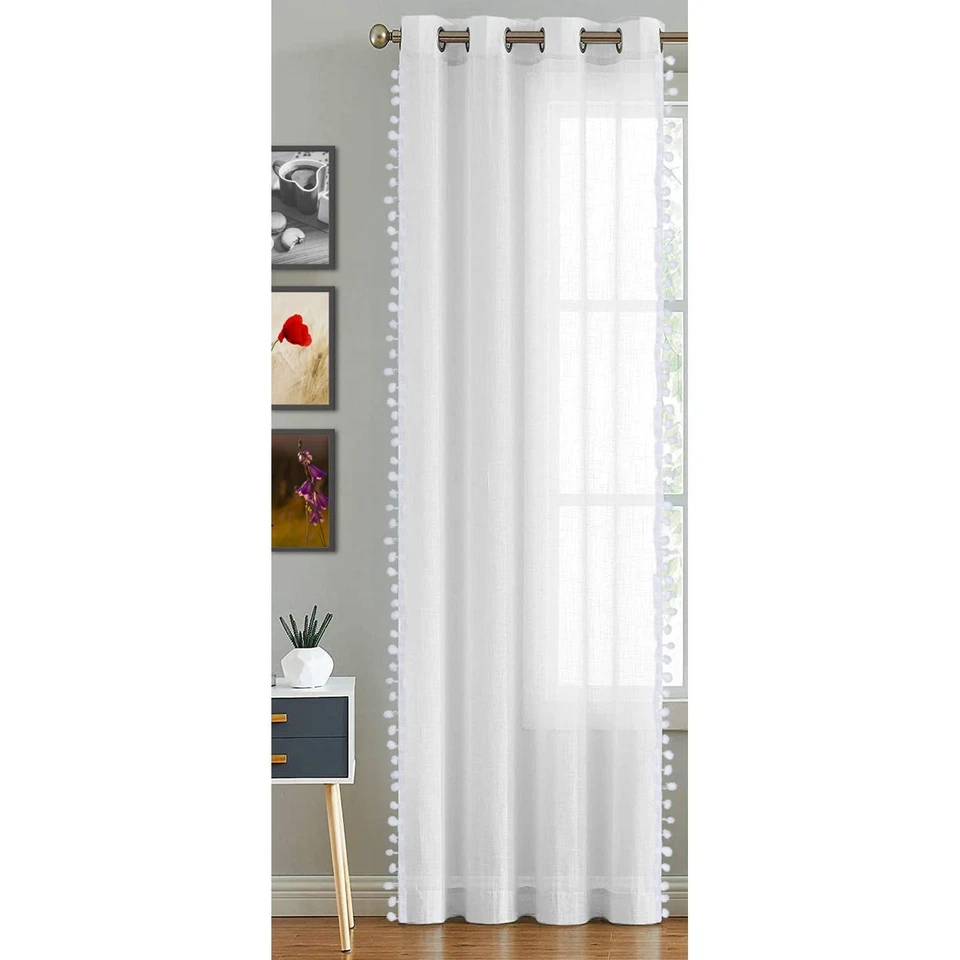 Window Curtains 7 Feet Solid Living Room Office Bedroom Pom Pom Curtain 2-Piece - Image 2 of 4