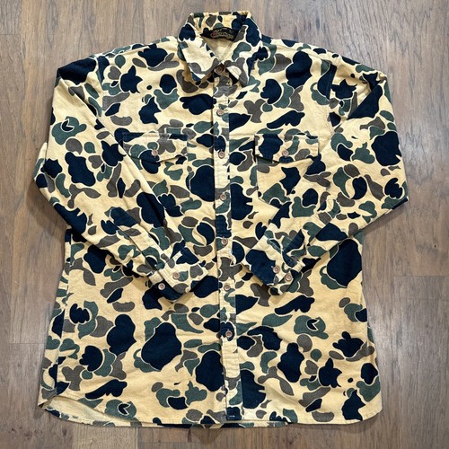 Camicia Smart Vintage Uomo L Giallo Camoscio Flanella Anatra Rana Mimetica Bottoni Caccia - Foto 2 di 9