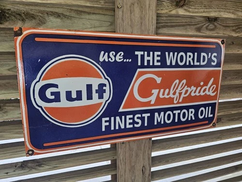 VINTAGE GULF GULFPRIDE PORCELAIN SIGN, THE WORLD FINEST MOTOR OIL, 30"x15"
