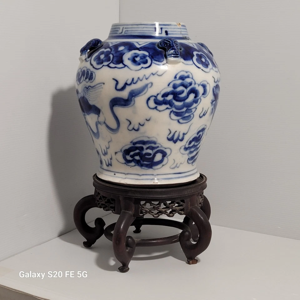 pot chinois Porcelaine Bleu Blanc Chien De Fo Ancien " Fel ". - Photo 2/4