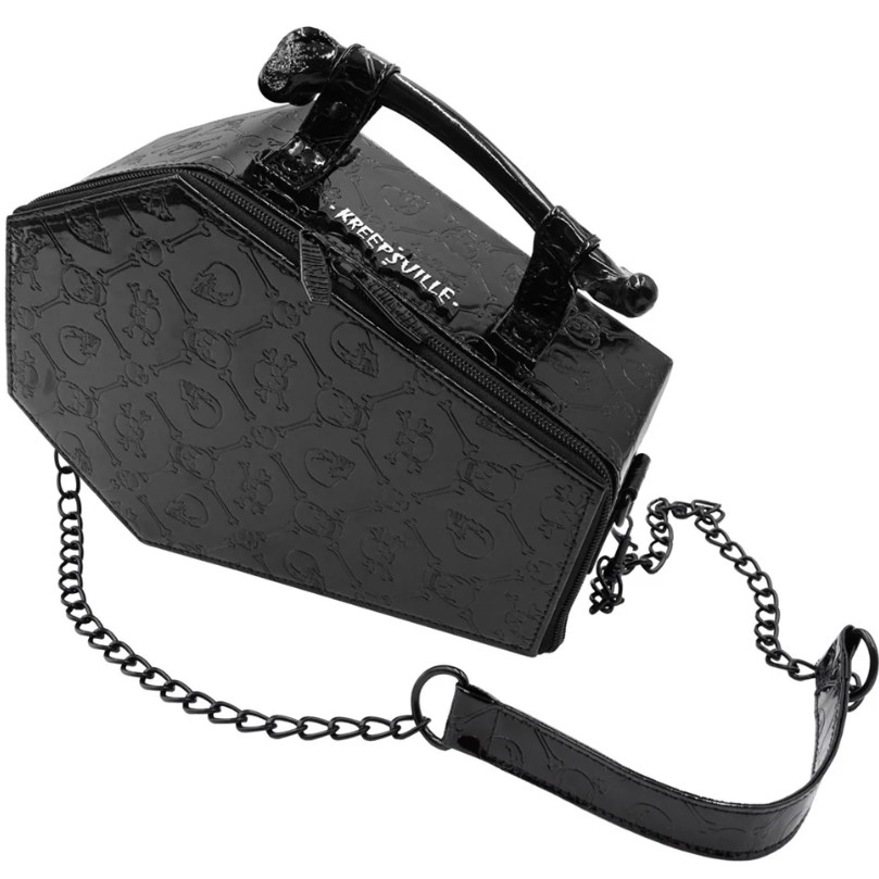 Kreepsville 666 Patent Skull Crossbones Coffin Purse Shoulder Or Bone Handle Bag