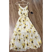Simply Vera Wang Maxi Dress XL Floral Yellow White Tiered Smocked Waist Belted