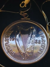 Silver 1933 Irish 1/2 Crown Gold Filled .925 Pendant 18' 18kgf Chain, Box & COA