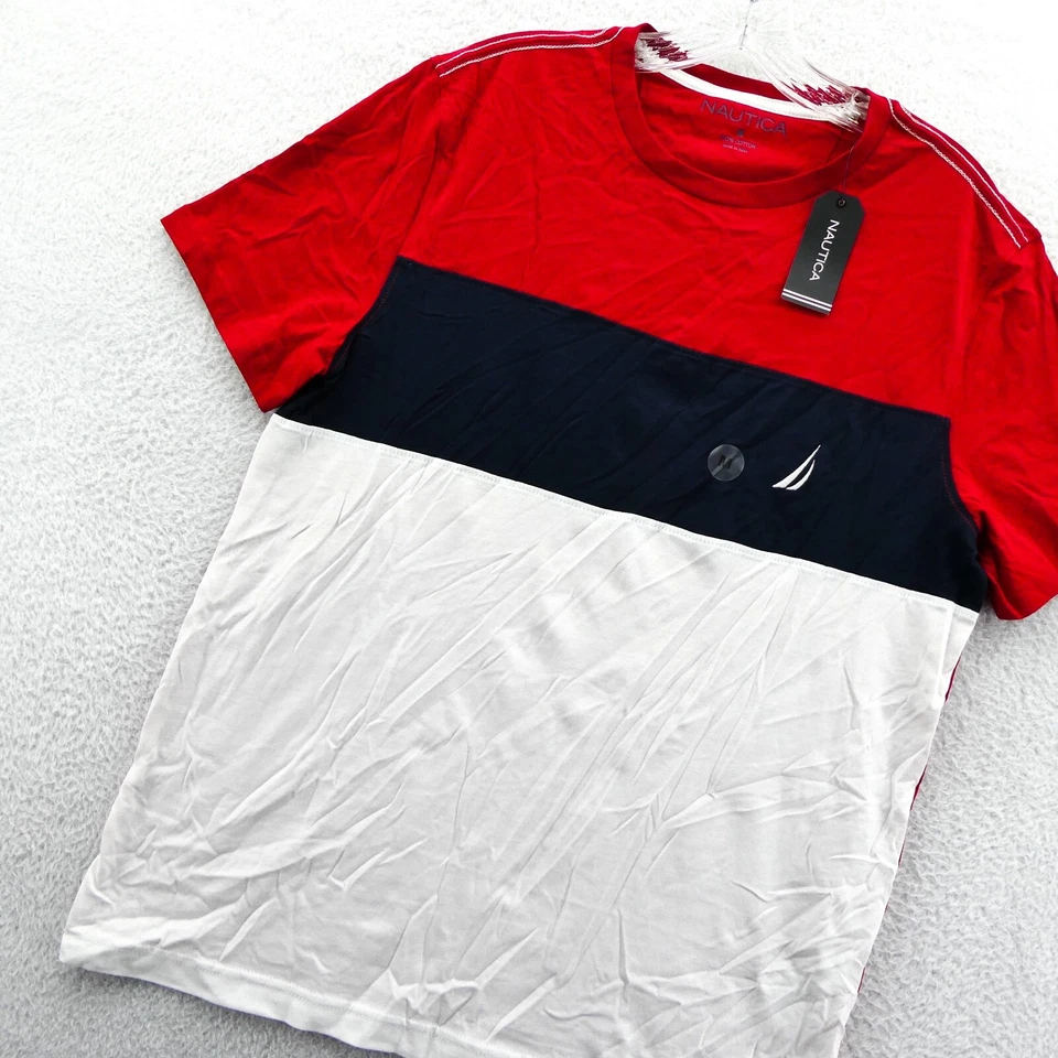 Camisa Nautica Para Hombres Mediana Roja Bloques de Color Manga Corta Algodón Camiseta Nueva Prenda para el torso Preppy Foto 2 de 4
