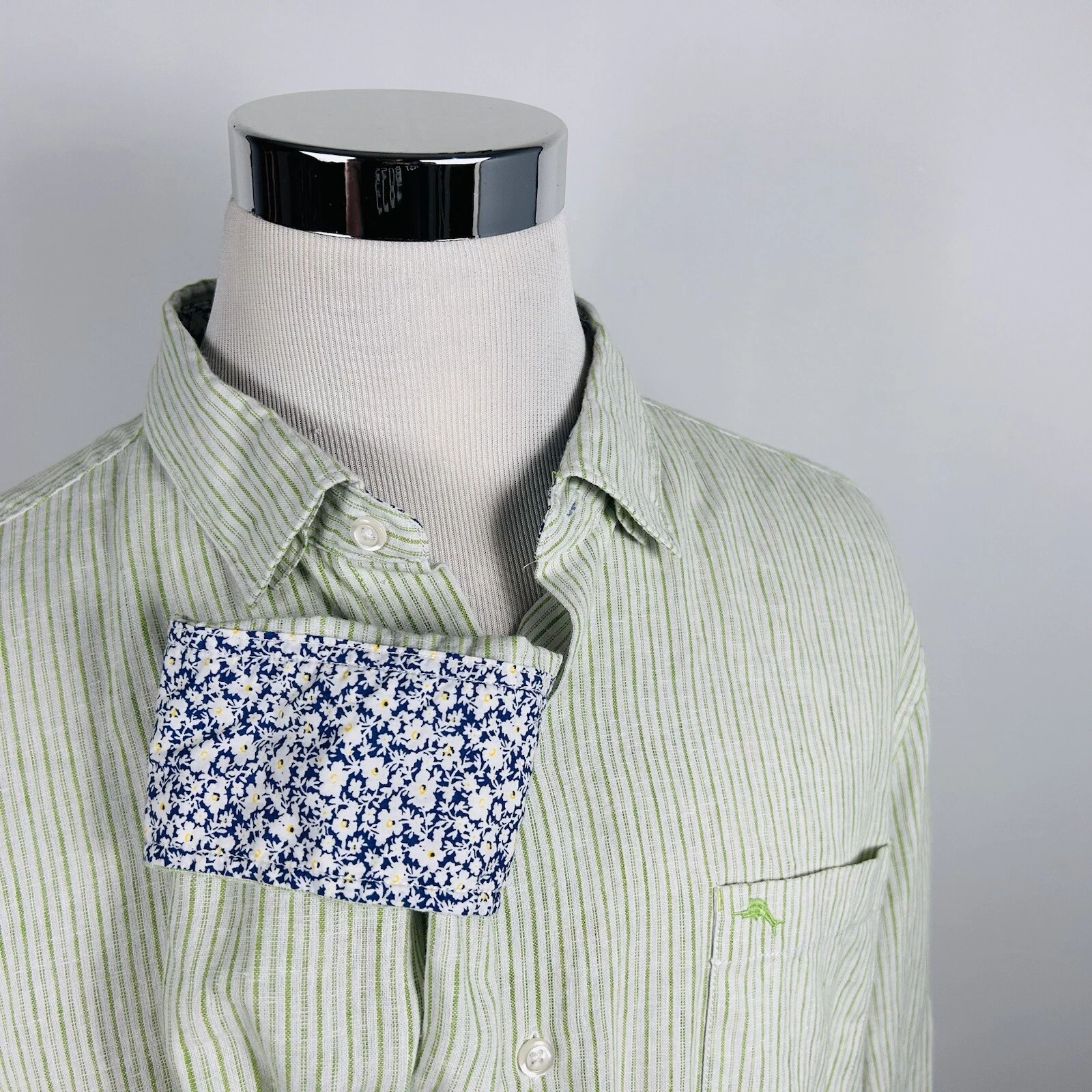 Tommy Bahama XL Linen Blend Casual Shirt Green Striped Floral Flip Cuffs