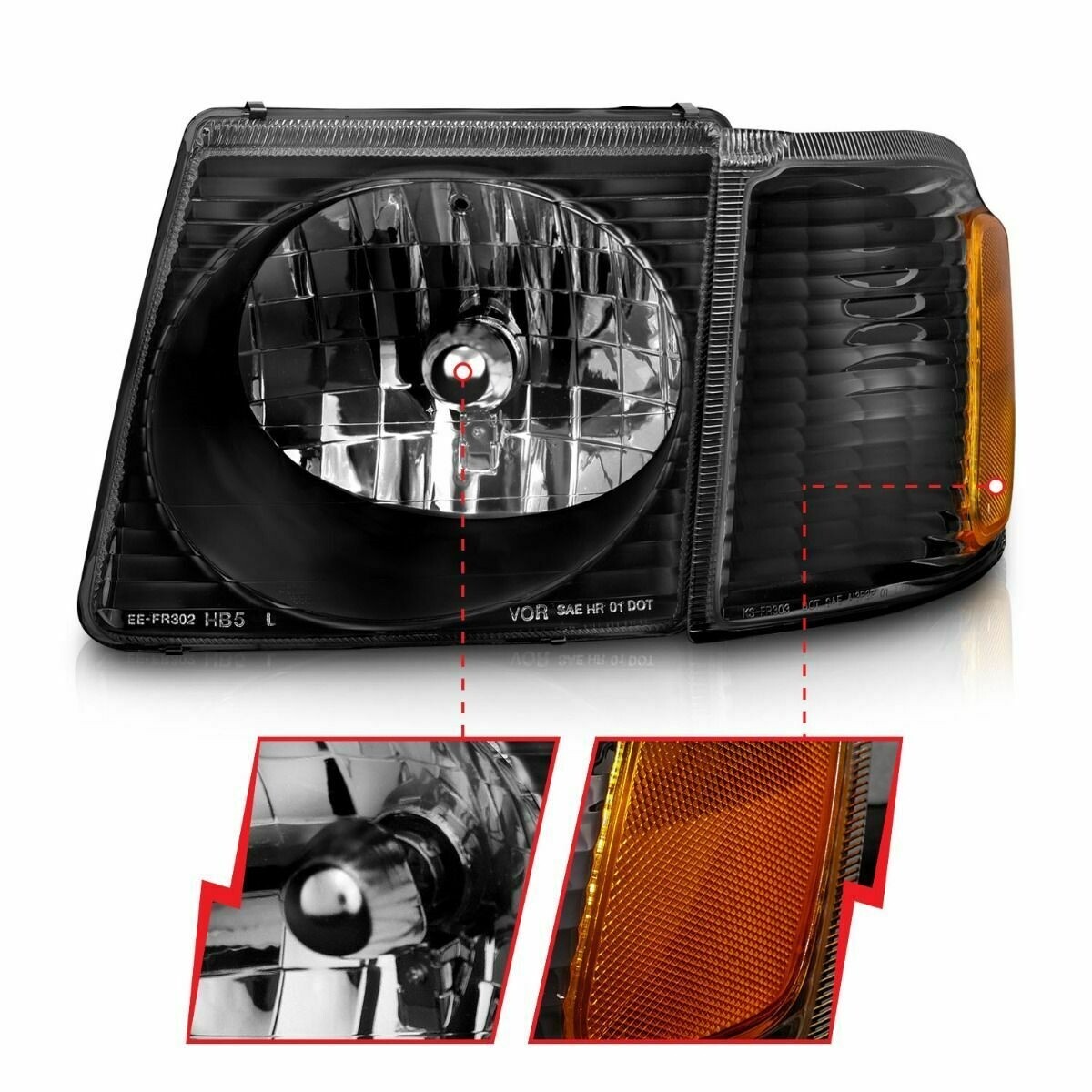 ANZO 111041 Crystal Headlights Lamp Black for 01-05 Ford