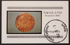 Nagaland: Edición en bloque "Queen Elizabeth I" de 1973, estampada