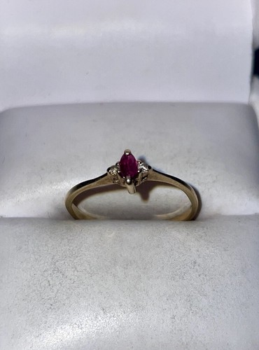 Vintage Solid 14K Gold Natural Marquise-Cut Ruby Diamond Petite Ring Size 6