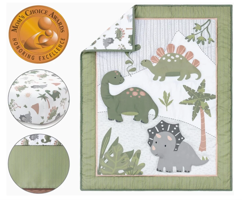 Juego de cama de cuna para bebé para niños, decoración de guardería de dinosaurios, camuflaje verde salvia, Crib Co Foto 2 de 4