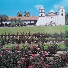 Mission Santa Barbara Postcard. Front View of Church with Parishioners Exiting