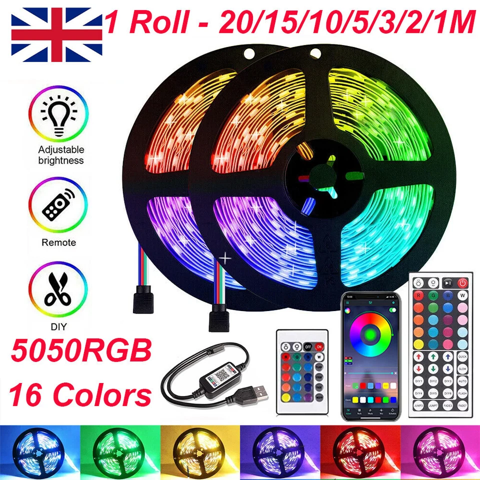 LOVELYHOME-UK 1-20m LED Strip Lights 5050 RGB Colour Changing Tape Cabinet Kitchen TV Lighting