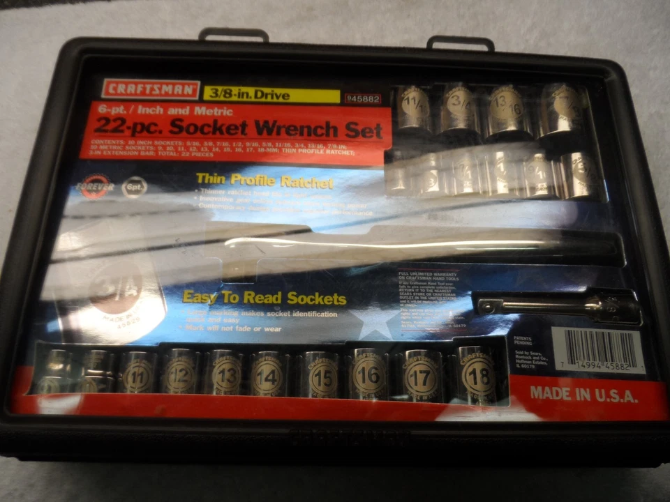 Craftsman 3/8" Drive SAE MM Ratchet Socket Wrench Set, USA, 22 pcs 6pt PN 45882 - Image 2 of 4