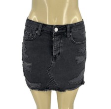 American Eagle Black Denim Mini Skirt 2 Women Button Fly Distressed Raw Hem AD20