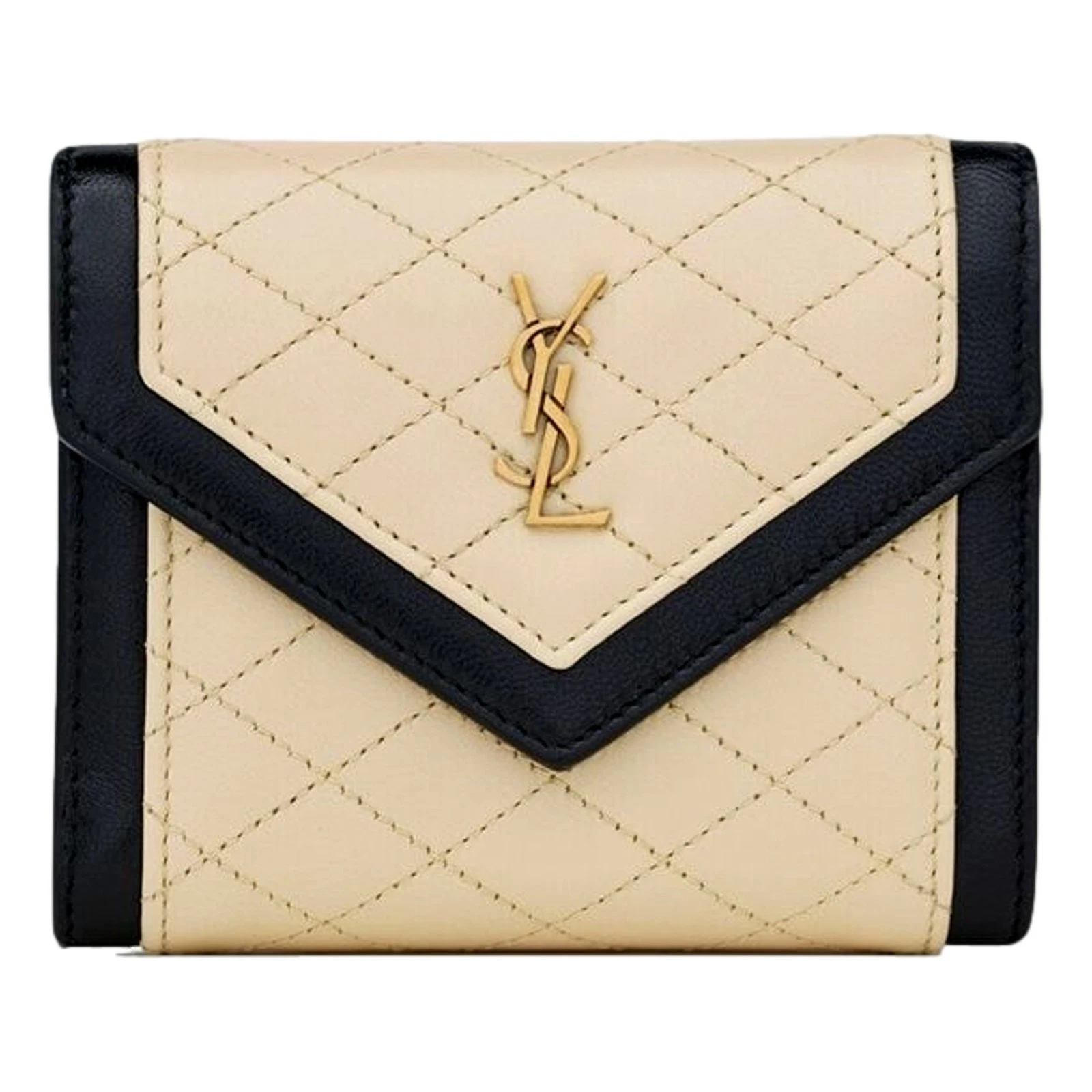 Saint Laurent — Saint Laurent Gaby Small Envelope Wallet Cream Quilted Lambskin Black Trim Gold