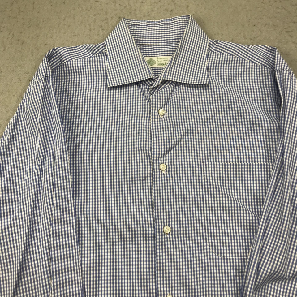 Camisa Borrelli Napoli Para Hombre 16 1/2 Grande Azul 100% Algodón Italia Vestido Puño Francés Foto 2 de 4