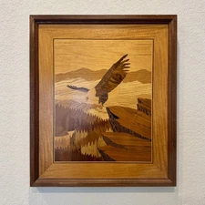 Stunning Hudson River Wooden Inlay Picture, Soaring Eagle Wood Marquetry 24 x 28