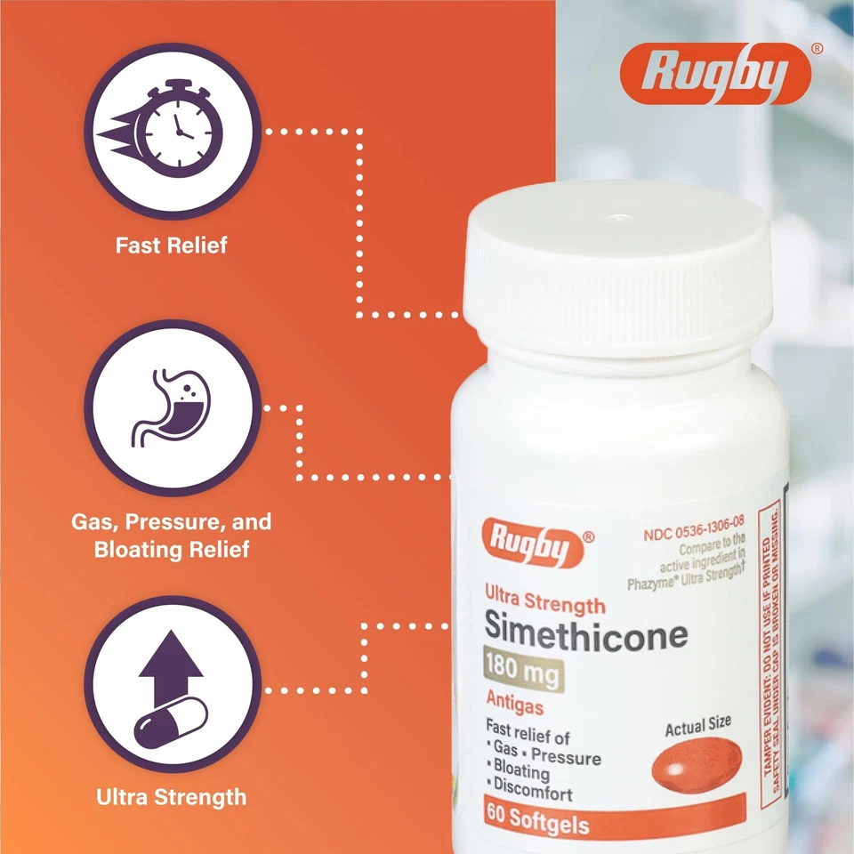 Rugby Ultra Strength Simethicone Gas Relief Pills 180mg 2 Pack Softgels - Image 4 of 4