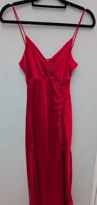 ZARA Red Satin Slip Dress V-Neck Strappy Midi Button Detail XS - Image 1 of 4
