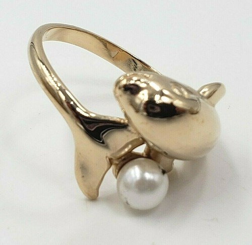 14Kt Yellow Gold *Dolphin Ring with Pearl Kabana Brand Size 6.5 US - Picture 2 of 6