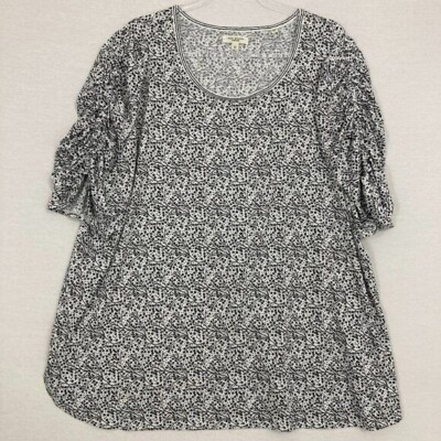 Max Studio Black White Floral Round Neck Stretch Ruched Sleeve Blouse 3X