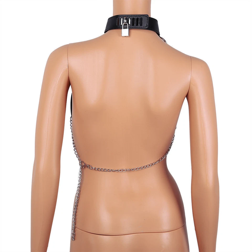 Sexy Imitation PU Leather Choker Punk Gothic Body Suit Metal Chain Costume Foto 3 de 4