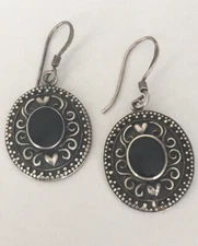 Vintage Boma Signed 925 Sterling Silver Black Onyx Scroll Dangle Hook Earrings