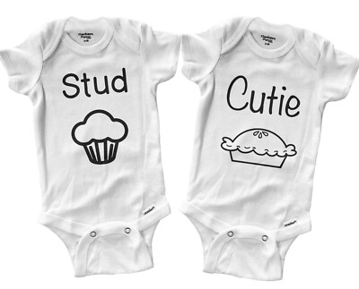 Boy Girl Twins Infant Bodysuit Cute Baby Shower Stud Muffin Cutie Pie Twin  Gift