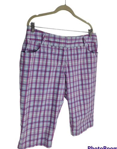 adidas Purple Plaid Knee Length Pant Mid Rise Women Size 14 Flat Front No Stretc - Picture 2 of 7