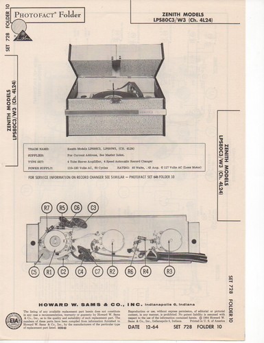 1964 ZENITH LPS80C3 RECORD PLAYER AMP SERVICE MANUAL PHOTOFACT SCHEMATIC 4L24