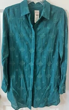 CHICOS 0 Sheer Multicolored Green Button Up Long Sleeve Tunic Collar