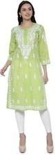 Green Lucknowi Chikankari Kurti for Women Handmade Lucknowi Cotton Kurta