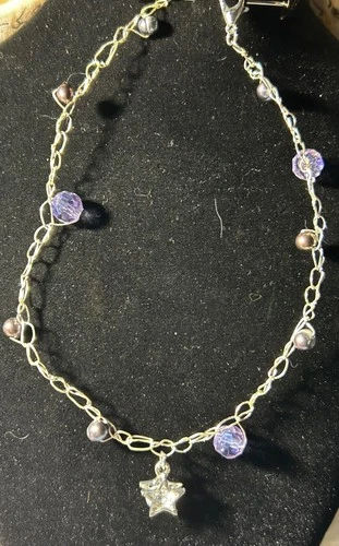 Silver Chain Necklace Purple Beads Star Charm Handmade - product listing photo