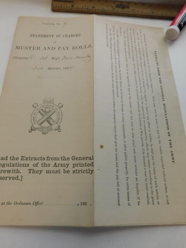 CIVIL WAR DOCUMENT- 1st Md Cavalry UNION Co G MUSTER & PAY 2nd Qtr 1864