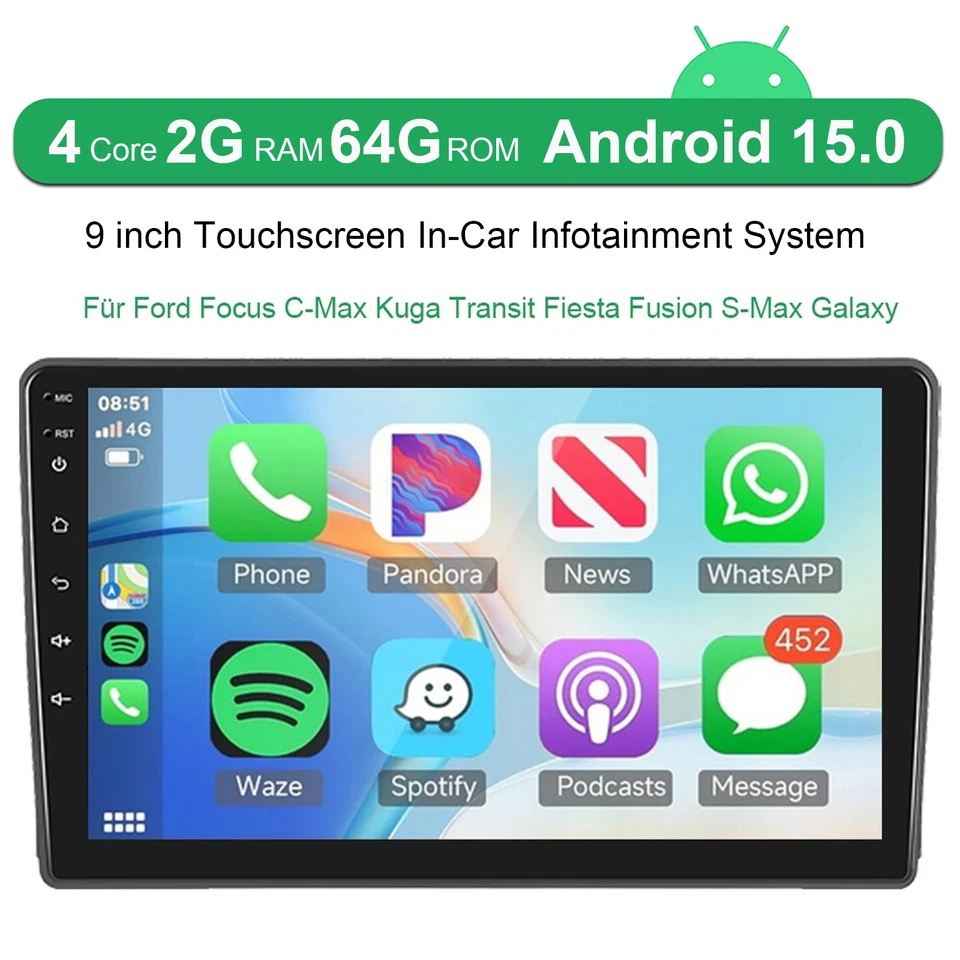 Android 15 Autoradio Für Ford Focus C-Max Transit Fiesta 2+64GB Carplay GPS NAVI - Bild 2 von 4