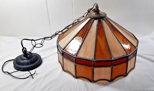 MCM VINTAGE TIFFANY STYLE STAINED GLASS HANGING LAMP 16"  Red/Brown Accents