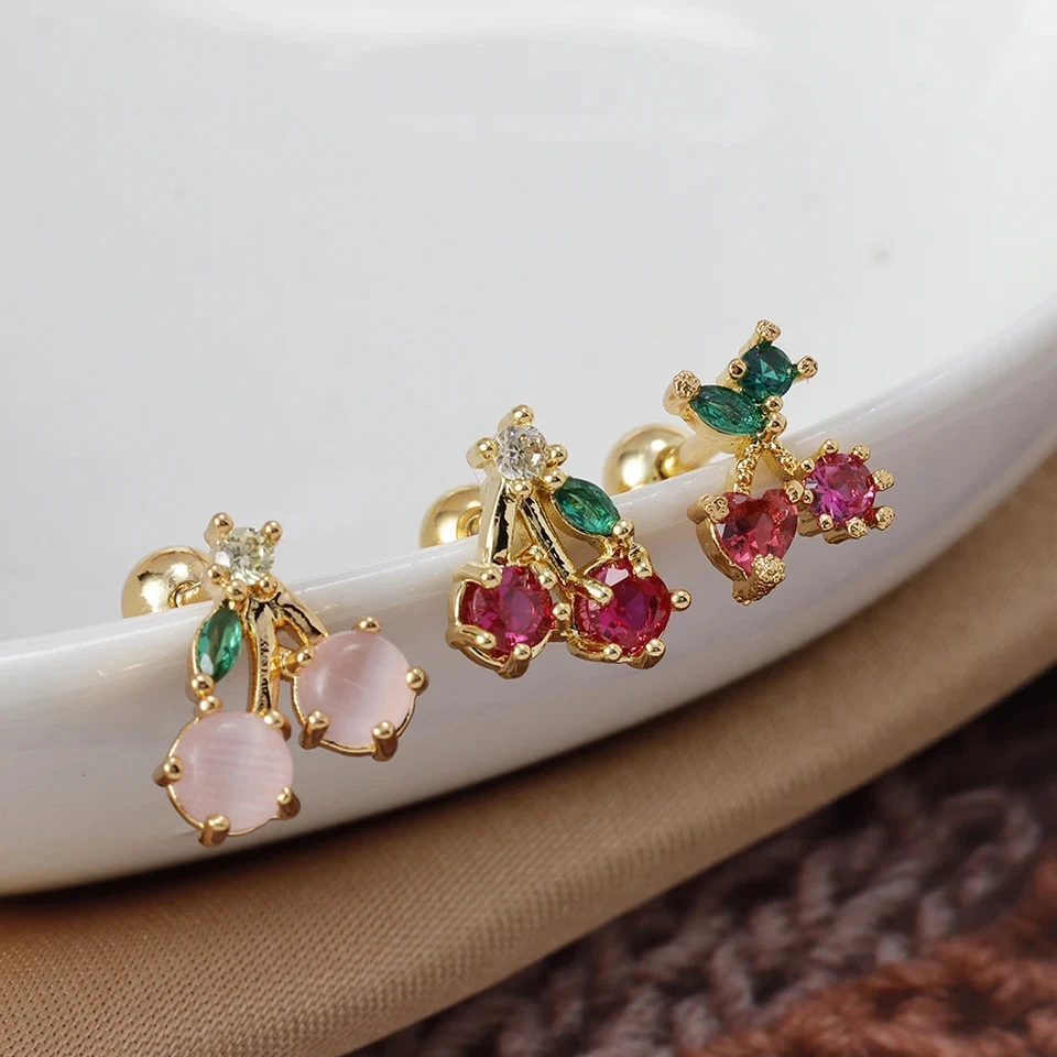 925 Серебряный цирконий фрукты серьги-гвоздики вишневой формы круглый женщин ювелирных изделий - Изображение 3 из 4