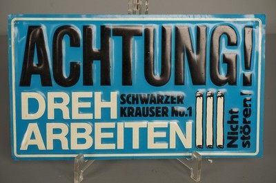 Vintage Metal Sign Achtung Dreharbeiten 1970s Blue White Tobacco Advertising