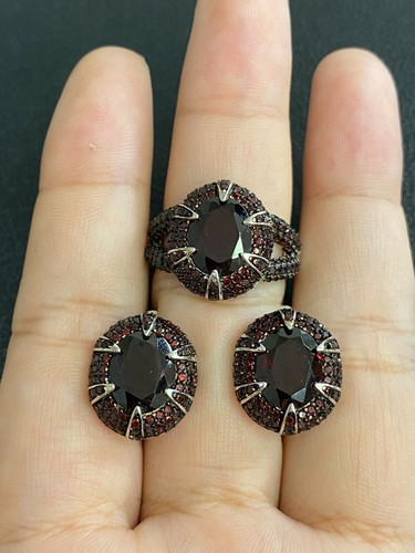 NATURAL GARNET 8X10 GARNET DIAMOND CUT STERLING SILVER 925 RING EARRING - 第 1/13 張圖片