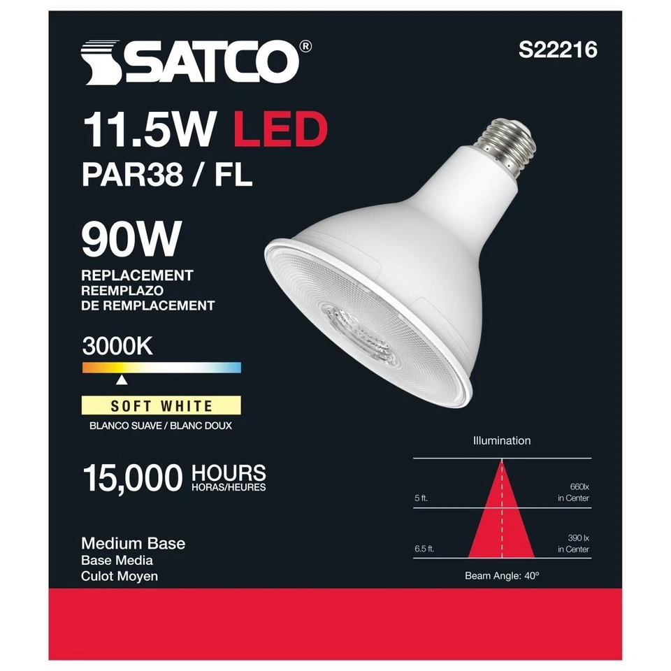 SATCO S22216 - 11.5 Watt PAR38 LED Bulbs - 3000K - 120 Volts (6 Pack) - Image 3 of 4