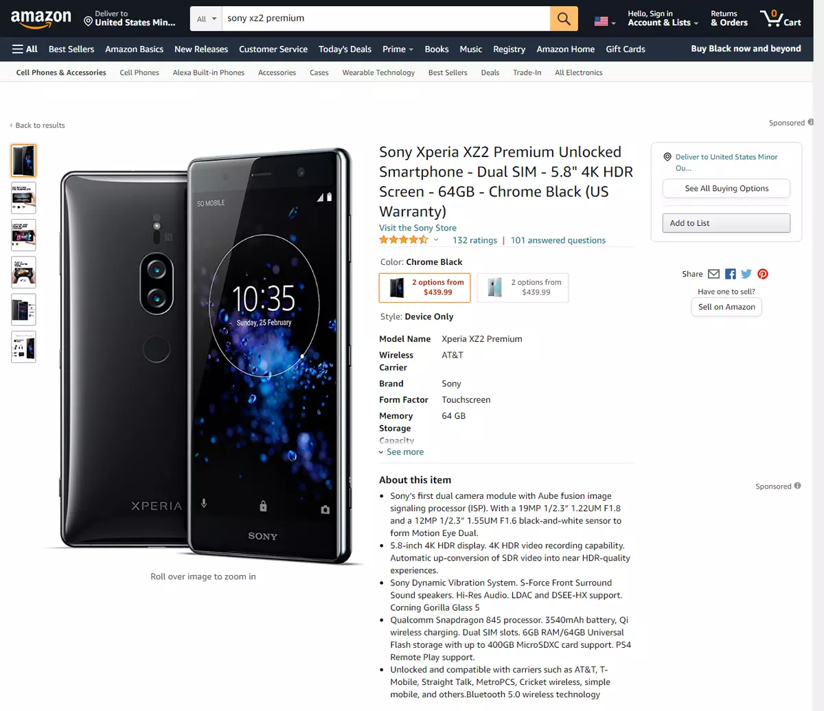 Sony Xperia XZ2 Premium Unlocked Smartphone Single SIM - 5.8