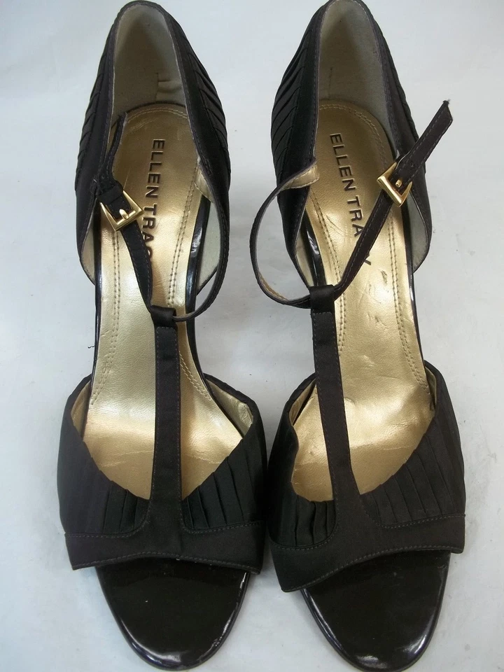 Tacones Ellen Tracy Wos JADA US 7.5 Tela Marrón Suela de Cuero Correa en T Vacaciones Año Nuevo  Foto 4 de 4