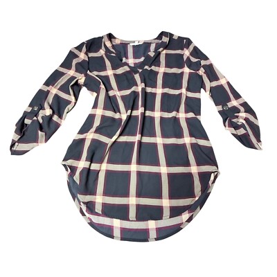 maurices Plaid Tunic Blouse Roll-Tab Sleeve V-Neck Casual Top XS