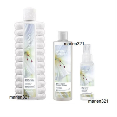 AVON Senses WHITE LILY Körperpflege-Set 3 tlg. Schaumbad, Körperspray, Duschgel