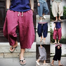 Men Soft Cotton Capri Pants Harem Loose Baggy Shorts Plain Casual Soft Trousers
