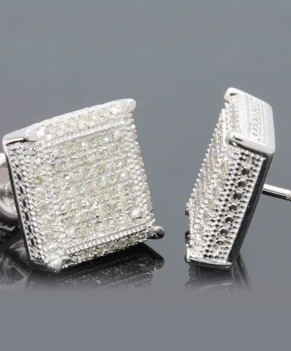 Rock Hip Hop Iced Out Zircon Ear Stud Earrings Shiny Bling Silver Square Studs - Picture 2 of 3