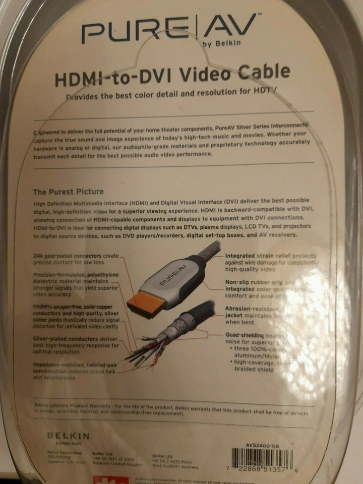 Cable HDMI a DVI PURO AV de Belkin 8 pies Extremos chapados en oro Foto 3 de 3