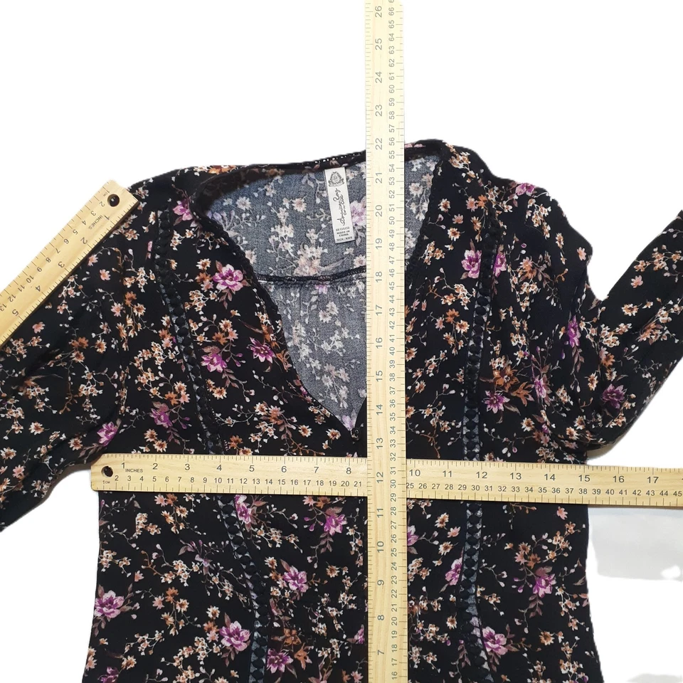 Blusa Top American Rag Cie XXS Negra Mujer Manga Larga Henley Floral Ribete Picot Foto 3 de 4