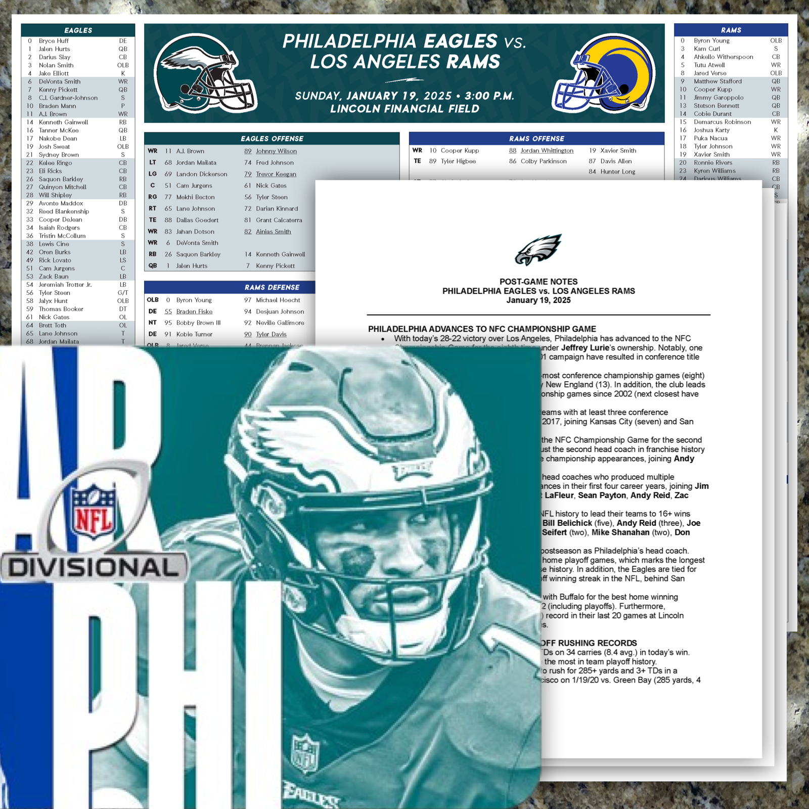 2025 Philadelphia Eagles FLIPCARD & Postgame Notes NFL Playoffs Football Rams