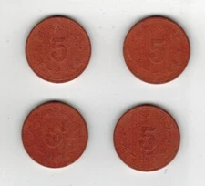 (4)x 1945 5 Five Fen Red Fiber China Manchukuo Japan WW2 Coin Lot 