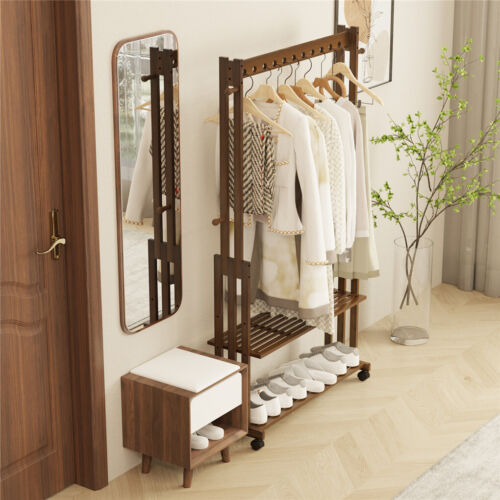 Walnut Wood Rolling Clothing Garment Rack Open Wardrobe f Entryway Bedroom Shop - Picture 2 of 16